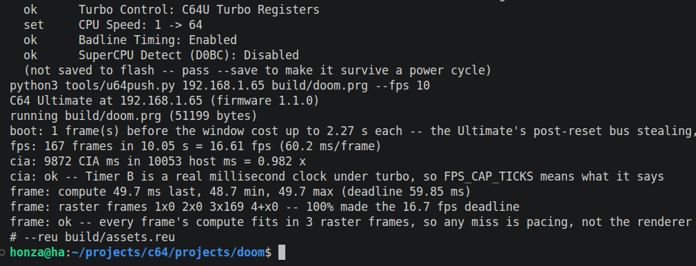 make u64-fps output: 16.61 fps hardware-measured, frame timing, and deadline validation